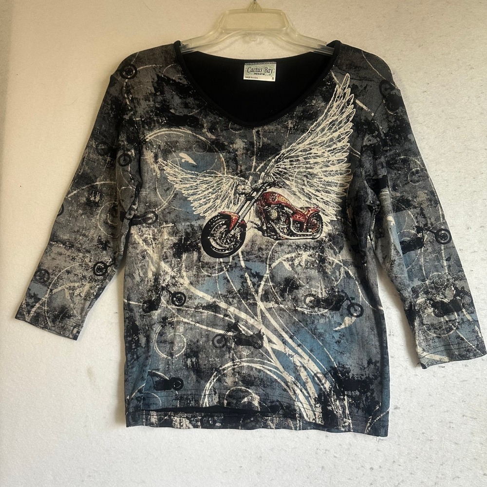 Womens Small angel Winged Motorcycle bikercore Rhinestone V-Neck Top USA